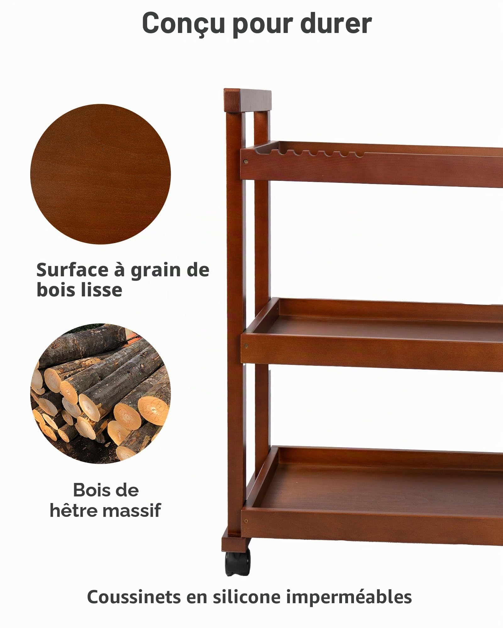 DJAR Chariot de Rangement pour Matériel d'Art, Desserte à 3 Niveaux en Bois de Hêtre Massif avec Roulettes, Chariot Utilitaire pour Artistes, Noyer (Amélioré)