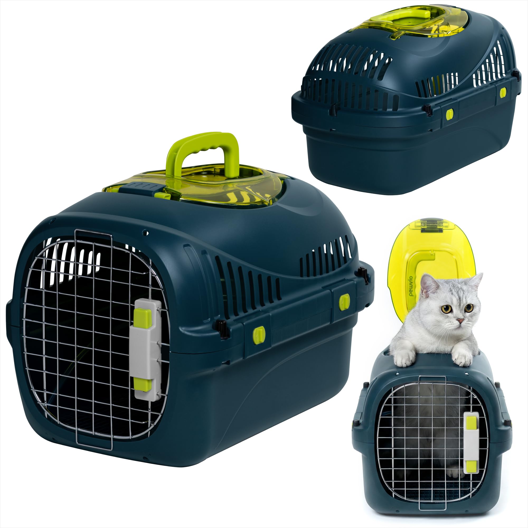 Safy Transportín para Gatos Rígido, Carcasa PP, Puerta de Metal con Doble Cierre Seguro, Ventilación 360, Asa Plegable, Rejilla para Empapador y Cuenco Colgable, para Coche y Viaje, hasta 5 kg