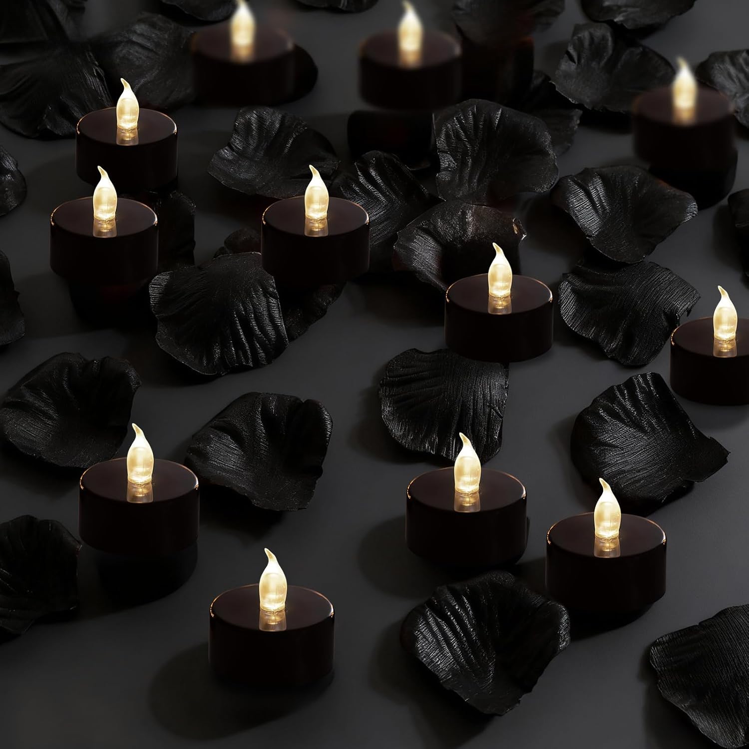 500Pcs Rose Petals with 12 LED Tea Lights Candles Set, Black Artificial Rose Petals and Flameless Candles Set for Anniversary, Valentine's Day, Wedding Decor (Black Candles-White Light)