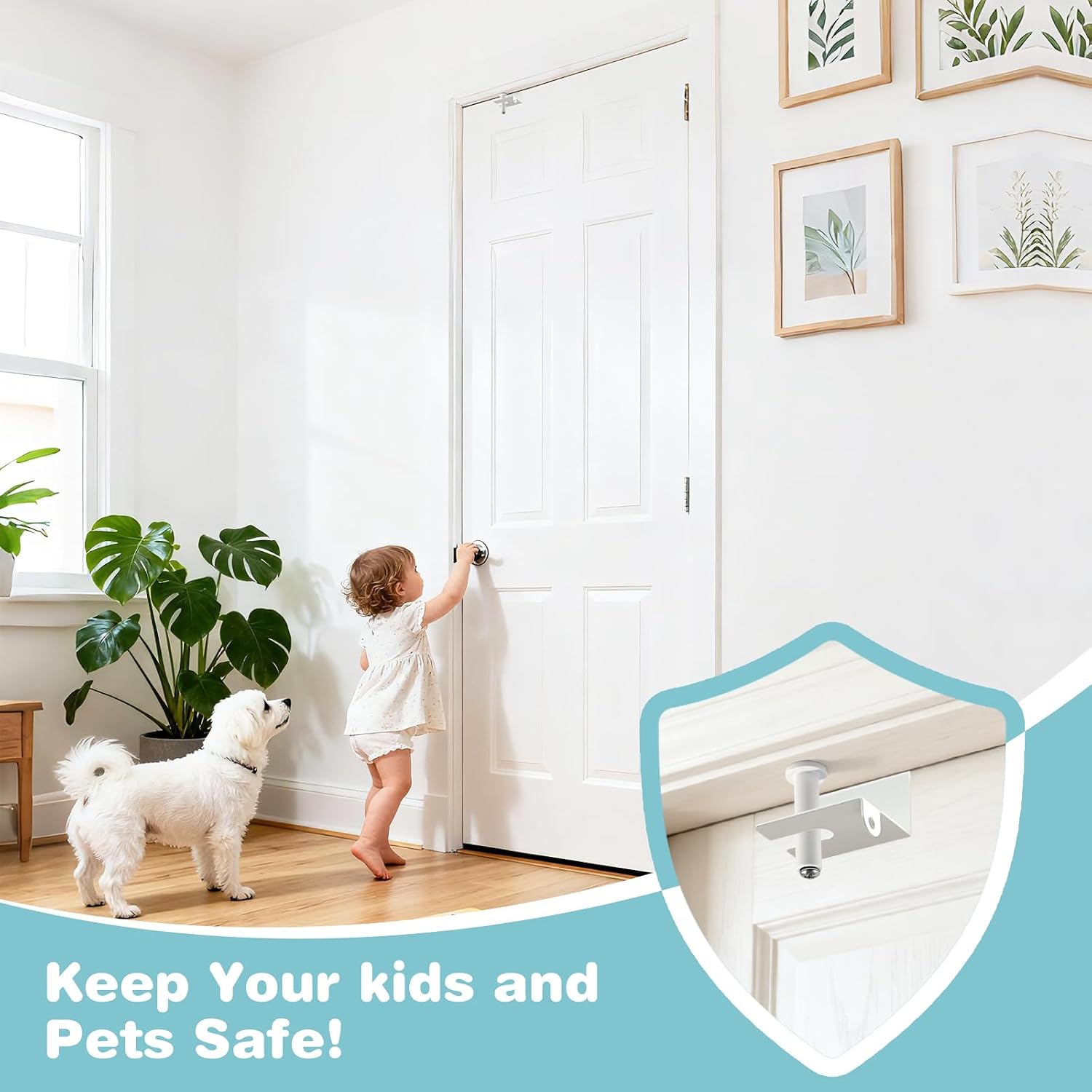 Child Safety Door Top Lock, Adjustable Metal Child Proof Door Top Locks for Interior&Exterior&French Doors, Lock & Unlock from Both Sides for Childproofing, Fit 0.6-2 inch Thick Doors (1Pack White)