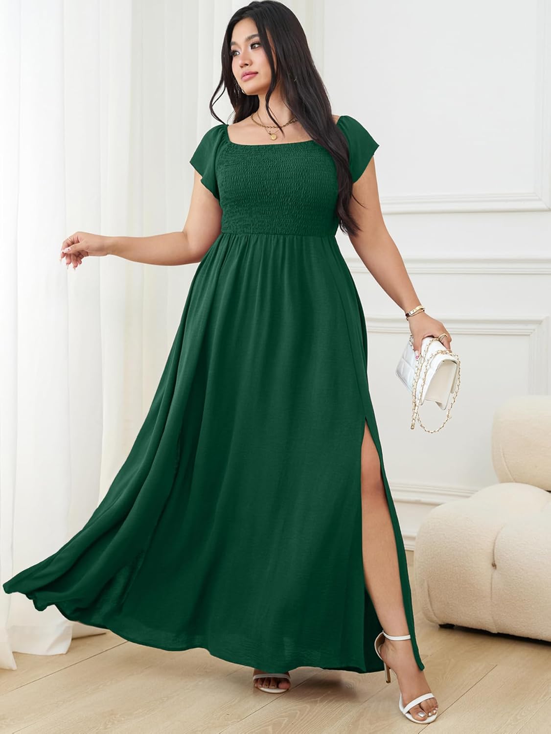 RWJ Womens Plus Size Wedding Guest Dress Summer Off Shoulder Short Sleeve Party Cocktail A-Line Split Long Maxi Dresses - Image 3