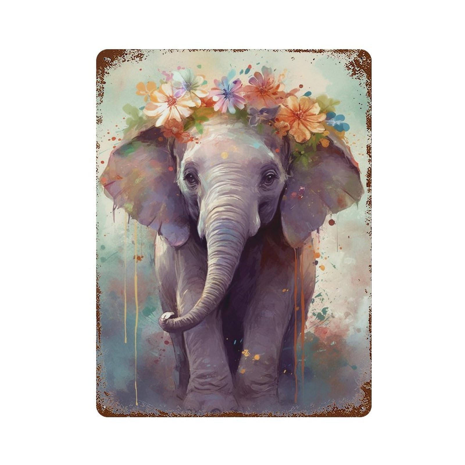 Colorful Elephant Art Print-10 Vintage Wall Sign 15.7"x11.8", Rust Effect Metal Decor for Shed, Workshop And Garage Wall Decor
