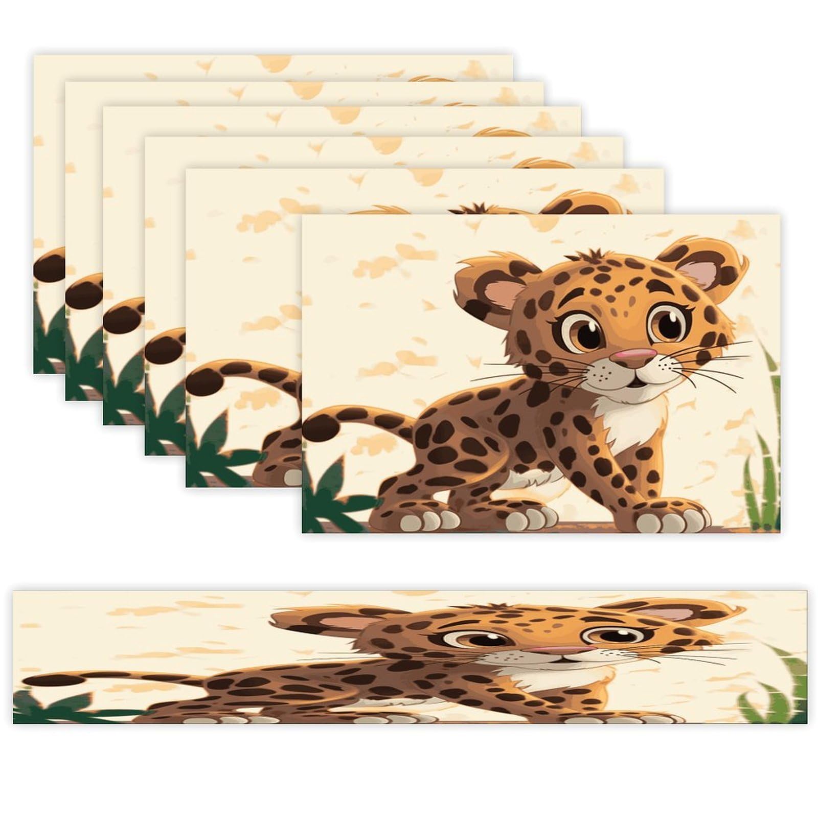 Cute Baby Jaguar Table Runner and Placemats Set of 6 for Kitchen Washable Table Mats Heat Resistant Place Mats Non-Slip Place Mat Wipeable Placemat(6 Placemats+1 Table Runner)