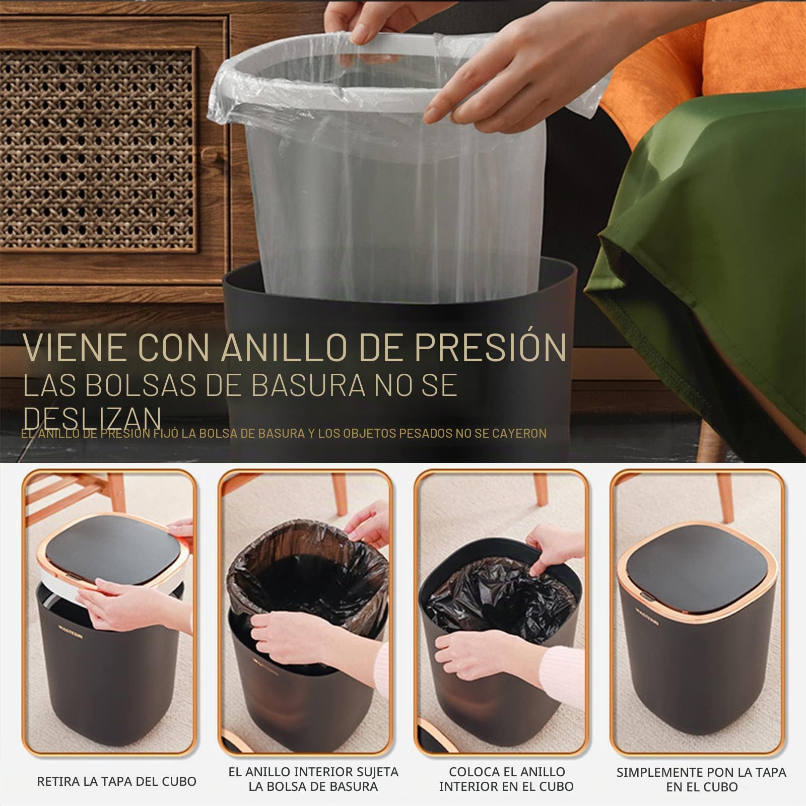 Cubo de basura con sensor, automático, con sensor inteligente, 12 l, sin contacto, para cocina, residuos orgánicos, residuos generales, negro