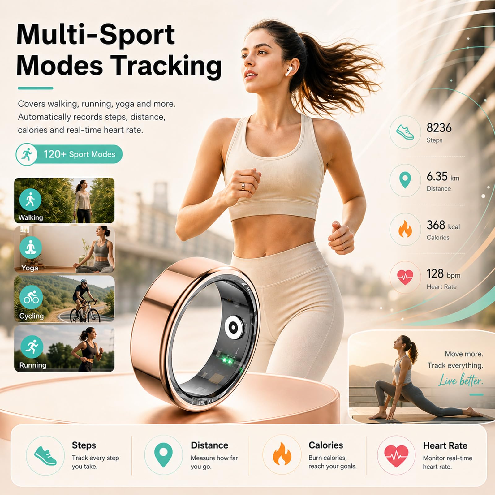 Anillo inteligente para mujeres y hombres, IP68 resistente al agua con monitor de frecuencia cardíaca, oxígeno en sangre y sueño, anillo de seguimiento de salud compatible con iOS y Android