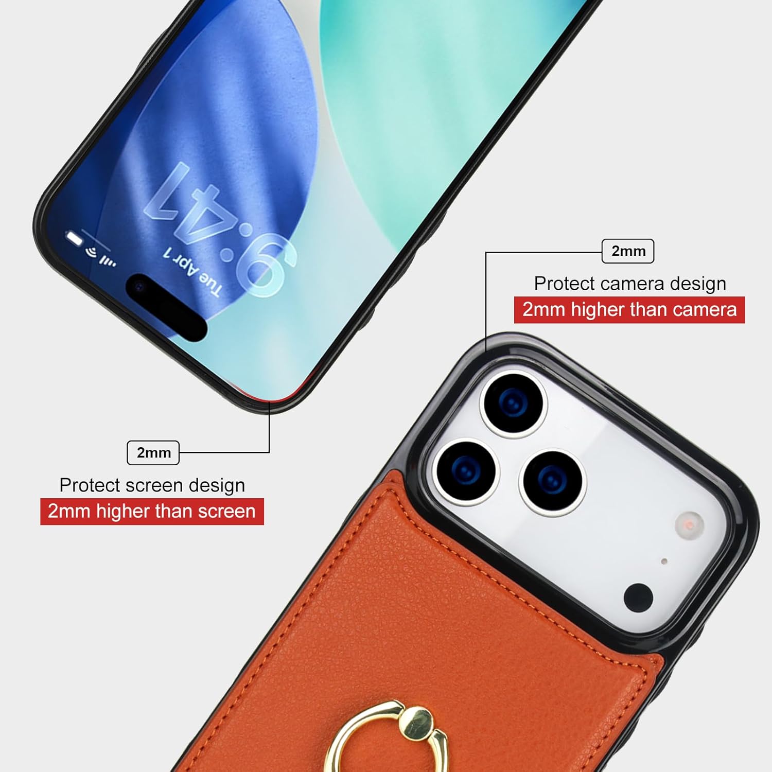 Folosu Compatible with iPhone 17 Pro Max Case Wallet with Card Holder, 360°Rotation Finger Ring Holder Kickstand, RFID Blocking Leather Protective Double Buttons Shockproof Cover 6.9 Inch Brown