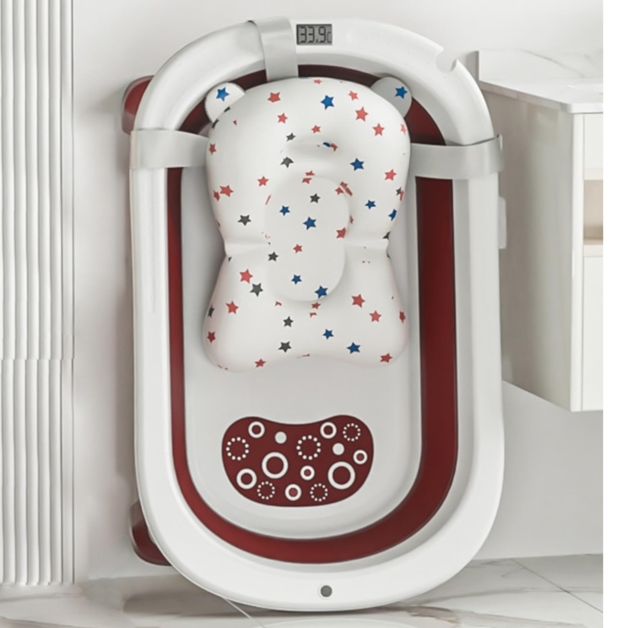 INTERNATIONAL ALLNEEDSUAE, Foldable Baby Bathtub Set with Temperature Sensing Thermometer, Bathmat Cushion. Sitting Lying Large Safe Bathtub for Newborn Kids Child Toddlers (Pink)