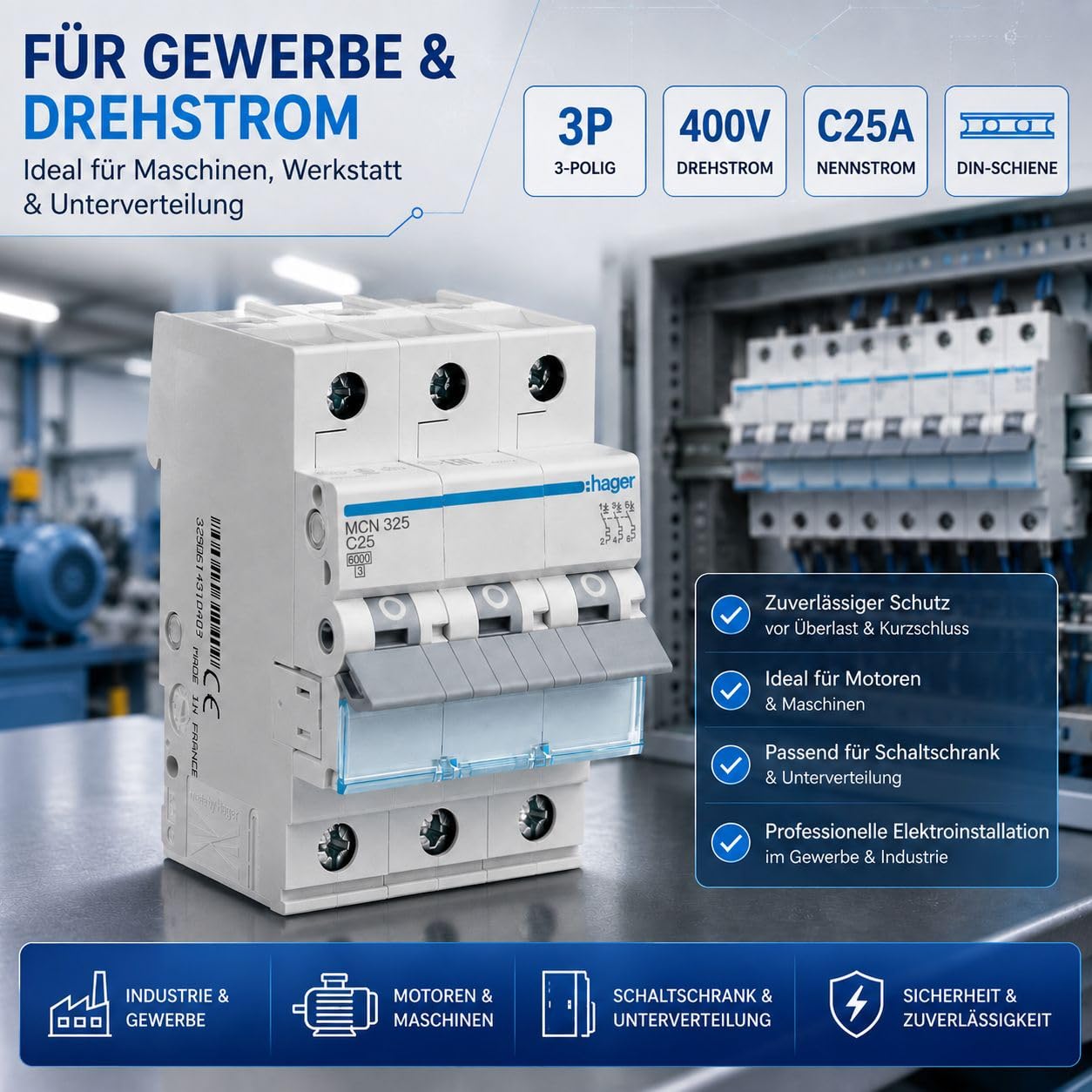 Hager MCN325 Leitungsschutzschalter 3-polig 25A C-Charakteristik, 6kA Sicherungsautomat 3P für Drehstrom, biconnect Klemmsystem, LS-Schalter 3 Module, DIN EN 60898-1, 230/400V AC