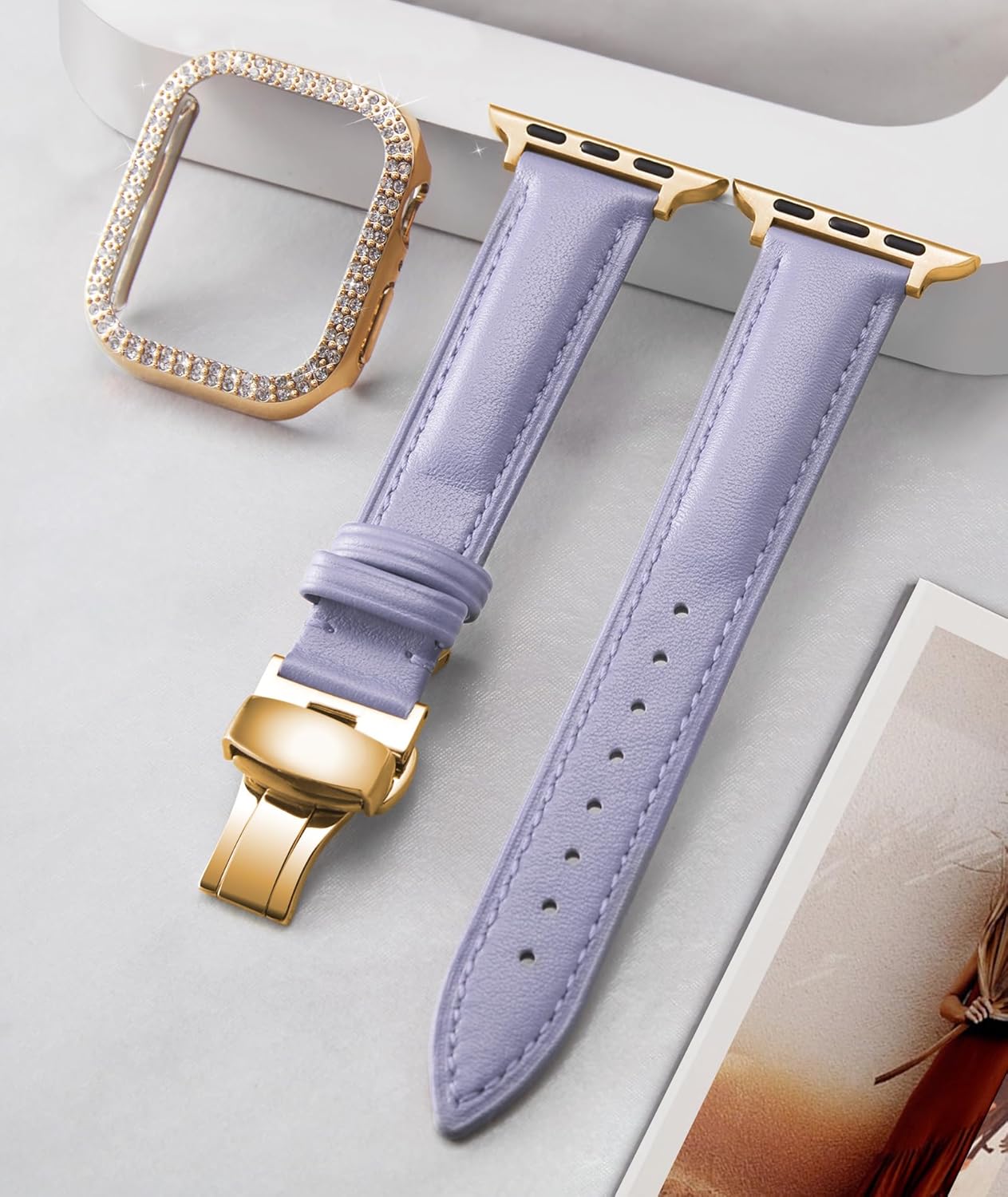 BINLUN Leather Band Compatible with Apple Watch 46mm 45mm 44mm 42mm 41mm 40mm Women Leather Strap with Glitter Diamond Case Compatible with iWatch Series 11/10/9/8/7/SE3/SE2/SE/6/5/4 - Image 3