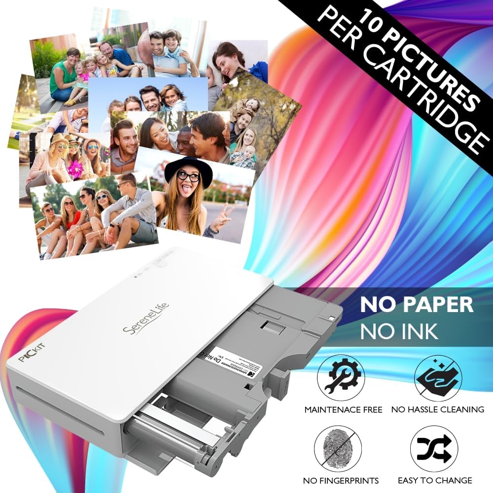 SereneLife Portable Instant Mobile Photo Printer-Mini Compact Pocket Size Easy for Travel-Wireless Color Picture Printing from Apple iPhone,iPad or Android Smartphone Camera-SereneLife