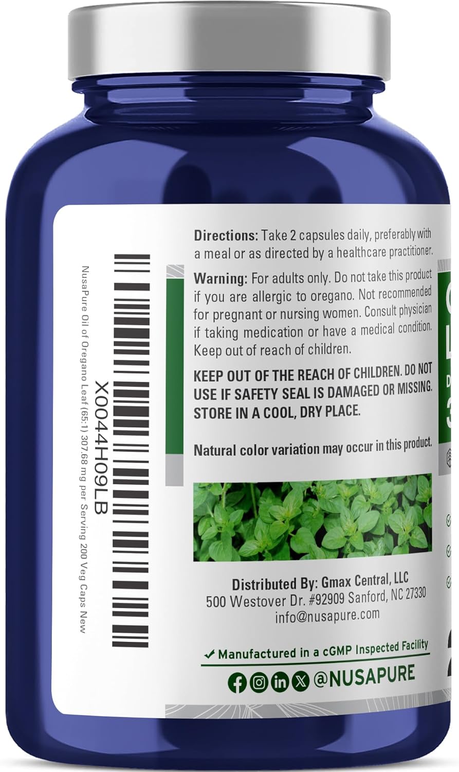 NusaPure Oregano Oil Leaf Capsules, 307.68 mg, 200 Veg Capsules (Non-GMO, Vegan)