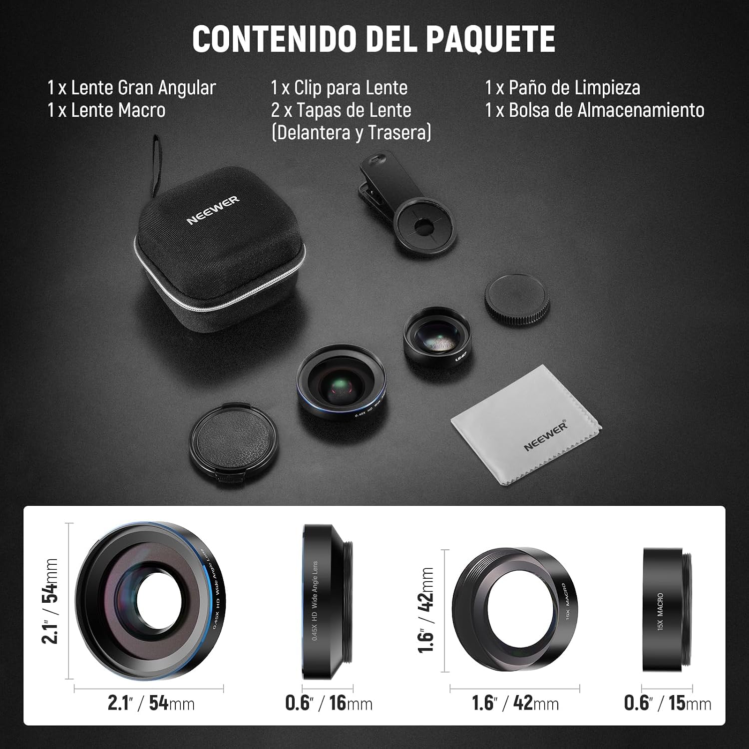 NEEWER Basics 2 en 1 Accesorios Kit Objetivos Cámara Móvil, Gran Angular HD 0,45x + Macro 15x, 37mm Lens Clamp Compatible con iPhone Samsung Android Smartphone, LS-67