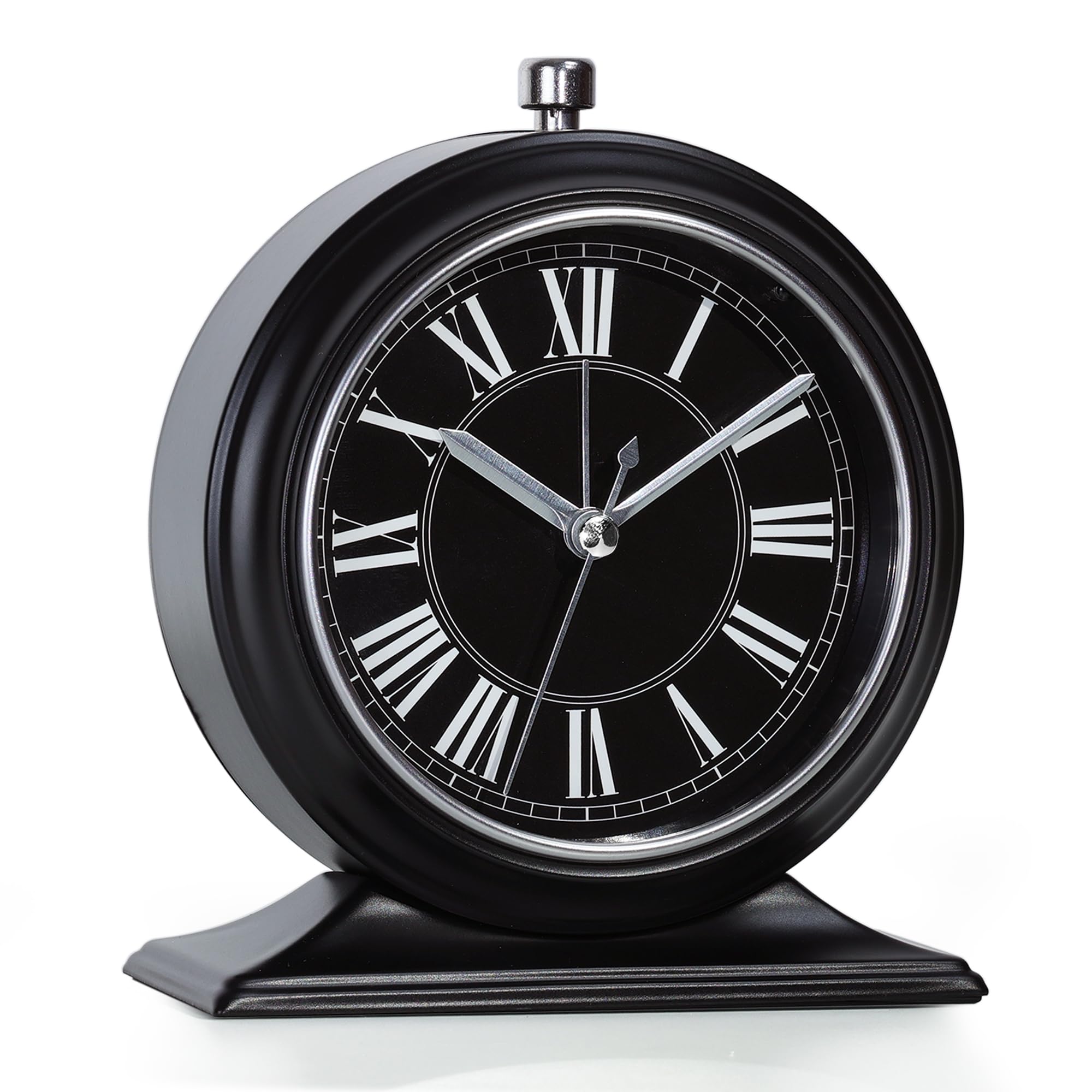 AYRELY® 4 Inch Small Analogue Alarm Clock – Silent Battery Operated Vintage Desk Clock with Night Light, Metal Table Clock for Home, Bedroom, Shelf (Black-Roman)