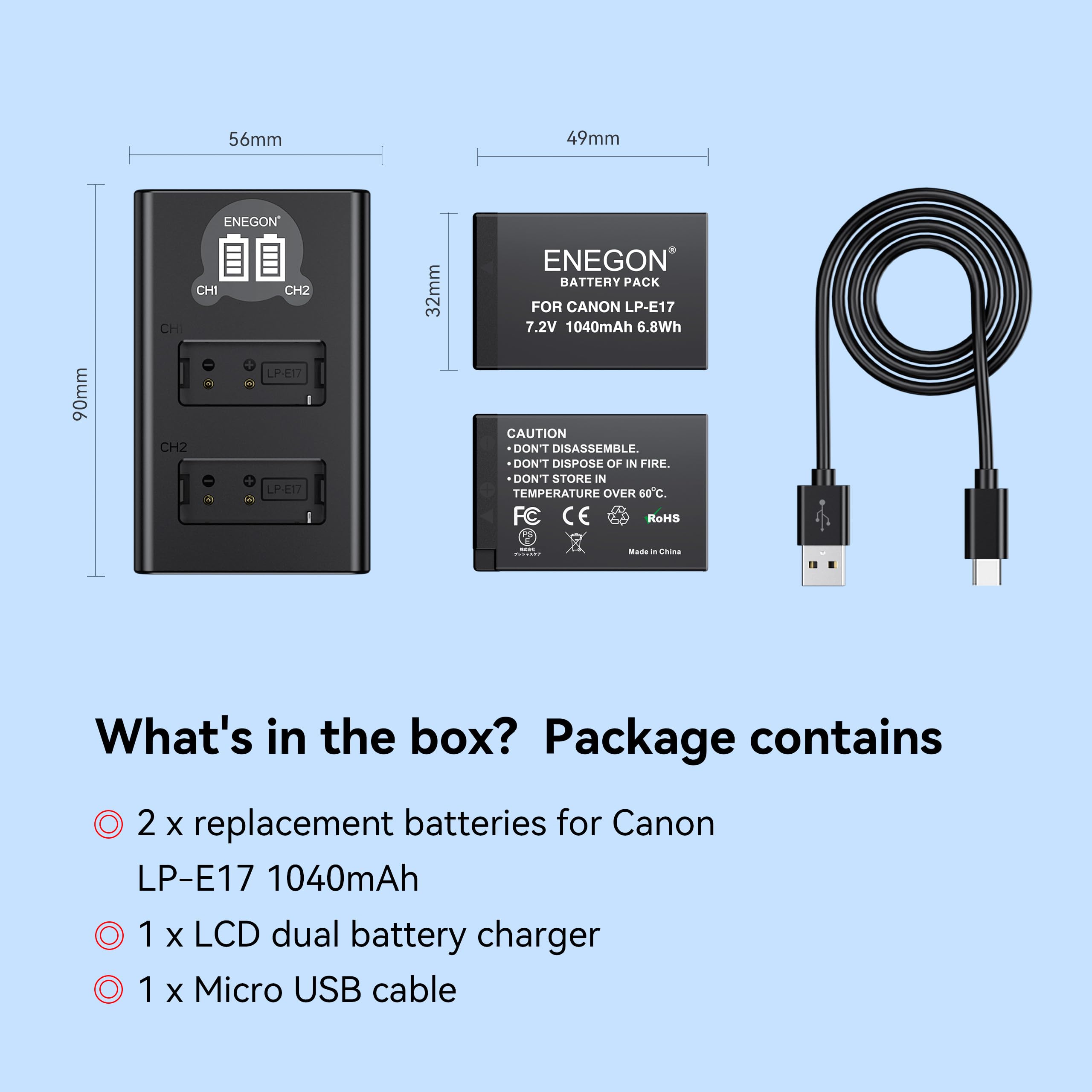 ENEGON 2 X LP-E17 1040mAh Batterien (ohne Kapazitätsverfälschung) + zweifach LCD-Ladegerät mit Doppel-Eingang, kompatibel mit Canon EOS R10/R8/RP/R50/R100/M3/M5/M6/200D/250D/750D/760D/800D/850D