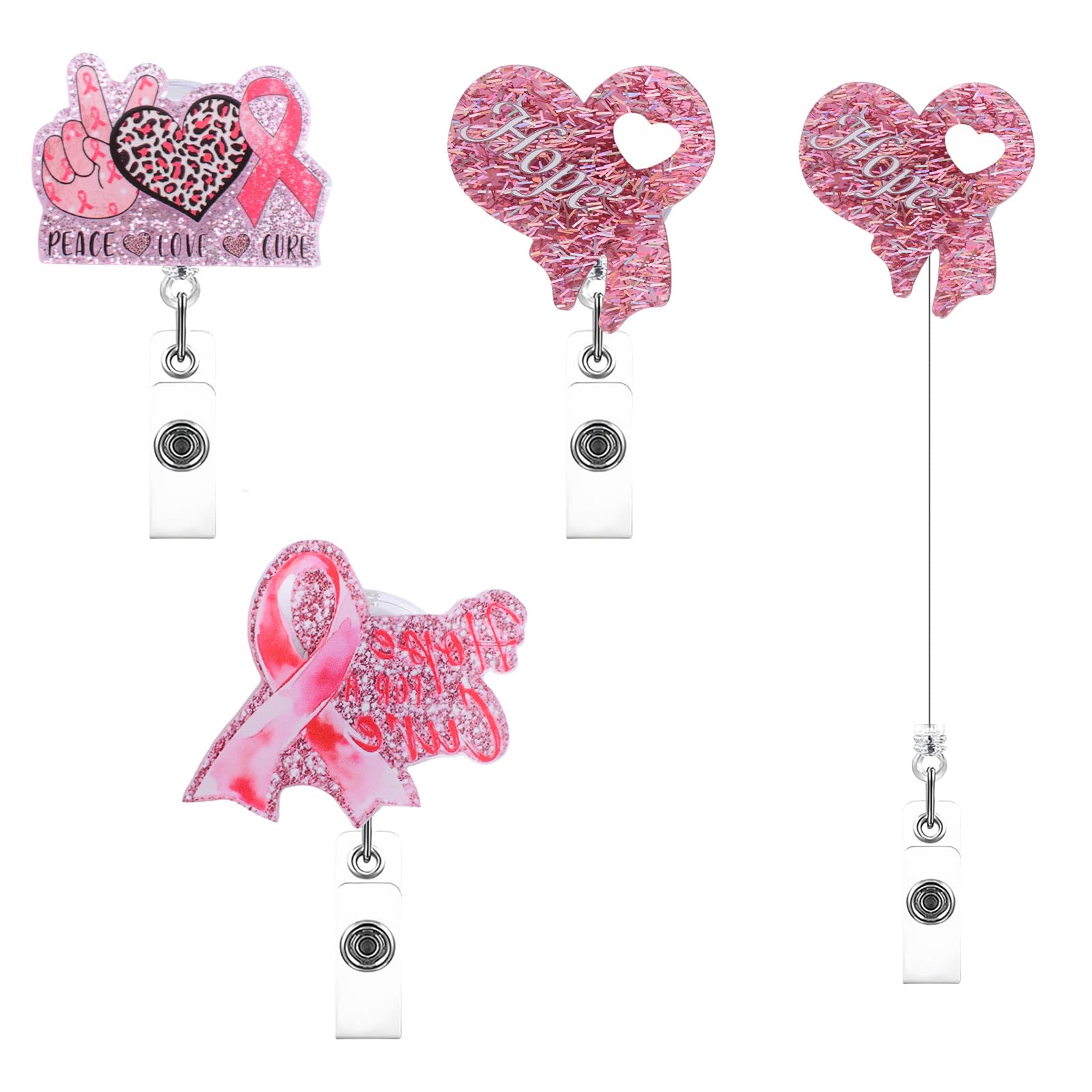 WANDIC 3 PCS Breast Cancer Awareness Badge Reel,October Pink Ribbon Badge Reel Retractable Id Badge Clip for Office Workers Charity Events