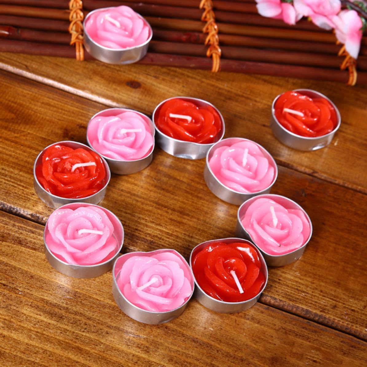 12 Pcs Pink Rose Flower Floating Candle, Paraffin Wax, Unscented
