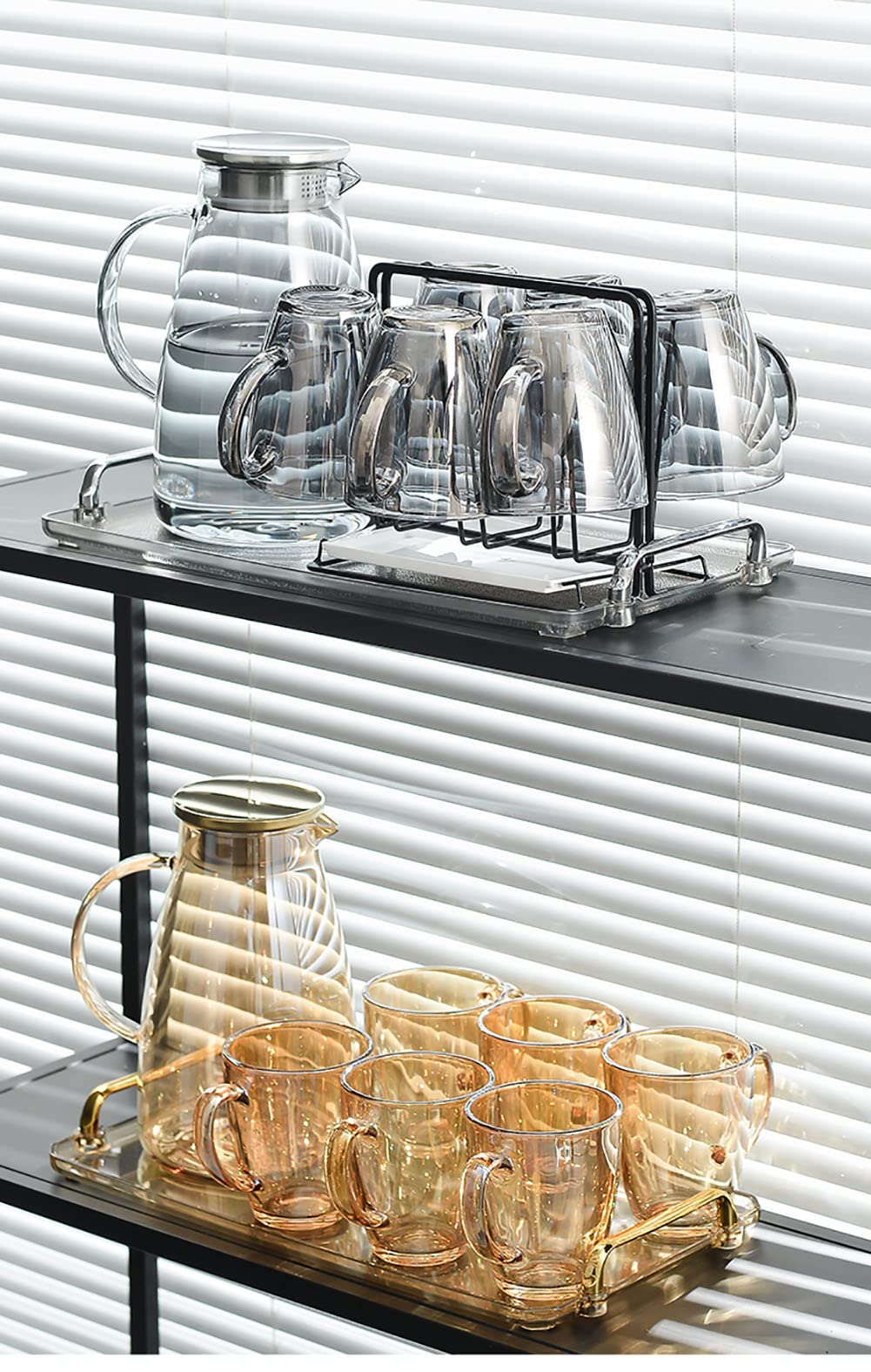 12 Unzen Trinkgläser-Set mit 6 Gläsern,superbeständiges Trinkglas-Set aus gehärtetem Glas(6 Glasses+Shelf, Clear)
