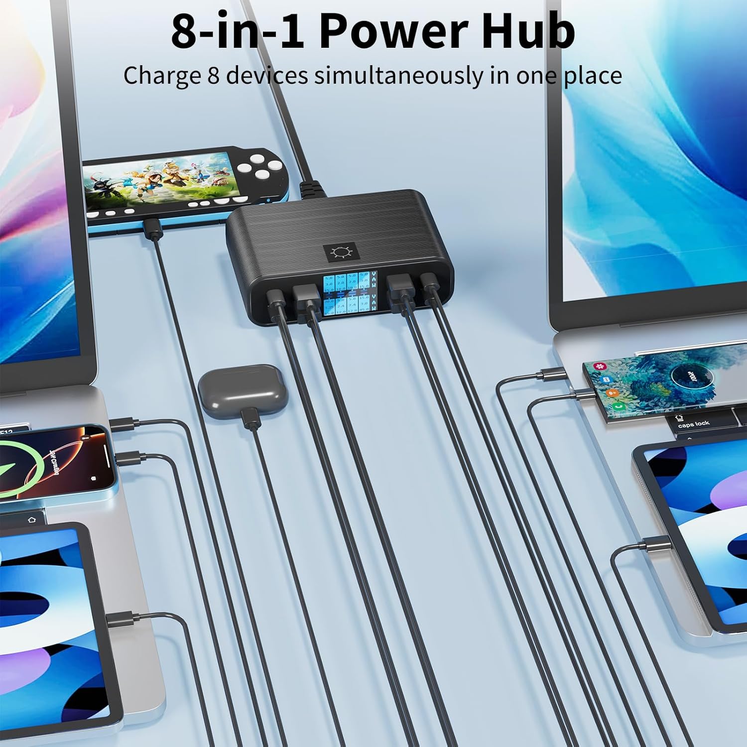 Cargador USB C Multiple 8 Puertos con Pantalla LED, 300W 8 Puertos Estacion de Carga PD PPS Cargador USB C 65W Rapida QC3.0 USBA Carga para Macbook Portátiles Cargador i Phone Pad, Negro 3
