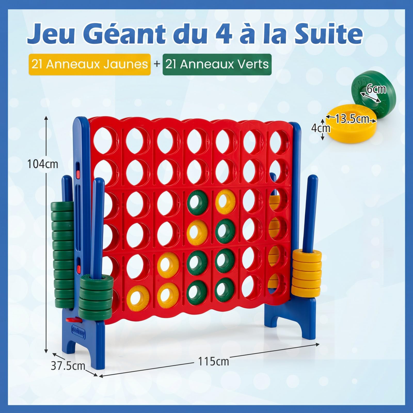 GOPLUS Puissance 4 Géant avec 42 Anneaux, Levier, Porte-Anneaux Latéraux, Plateau en Plastique, Jeu de Société Éducatif 4-en-Ligne pour Réunions de Famille Intérieur/Extérieur, 2-4 Joueurs (Bleu)
