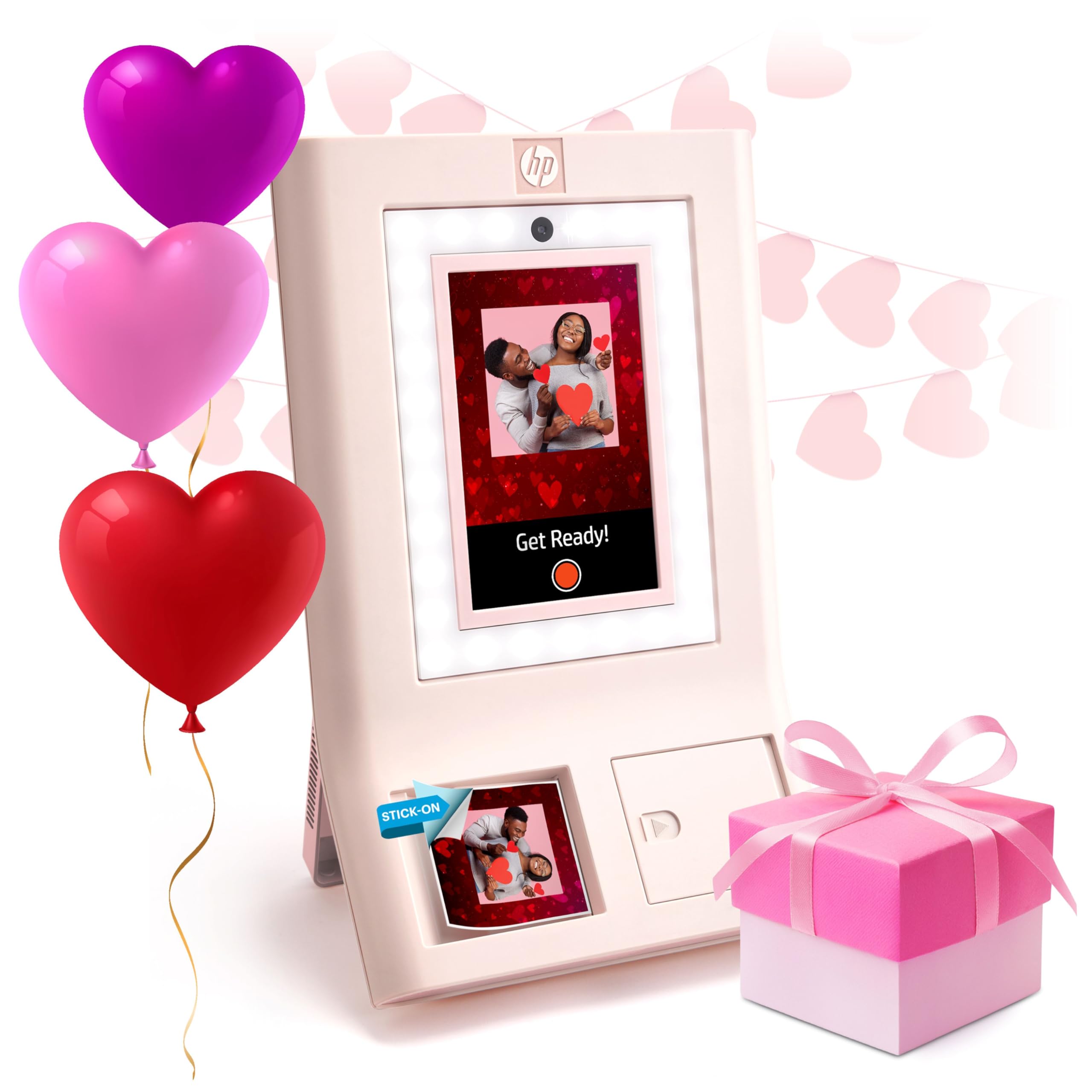HP Sprocket Photo Booth Machine Instant Color Photo Printer, 10.1" (25.6 cm) Touchscreen, Ring Light, Custom Frames, 3x4 (7.6x10.1 cm) Photobooth Zink Paper, Share via QR Code,Mobile Notify App, Pink