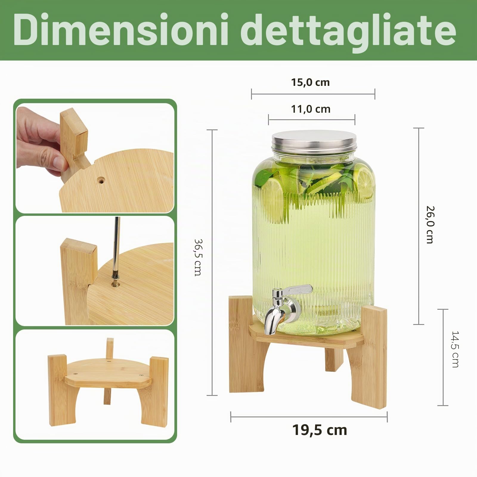 Confezione da 2 dispenser per bevande in vetro da 4 litri con rubinetto, dispenser per bevande per feste, dispenser per bevande in vetro con supporto e rubinetto in acciaio inossidabile, per cocktail