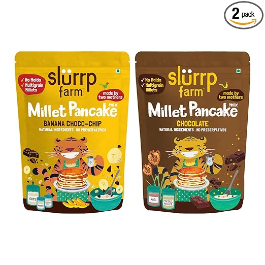 Slurrp Farm Instant Breakfast Millet Pancake Mix, Banana Choco-Chip, Supergrains And Chocolate, Natural And Healthy Food, 100% Vegetarian Eggless Healthy Breakfast for Kids & Adults,150g (Pack Of 2)
