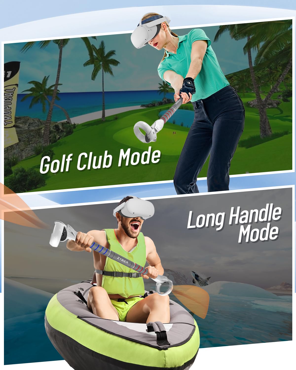 ZYBER Poignée de fixation 3 en 1 pour manette Oculus Quest 2, bâtons de bras longs VR Gorilla Tag pour Meta Quest 2 Beat Saber Golf Club Baseball, améliore l'expérience de jeu VR