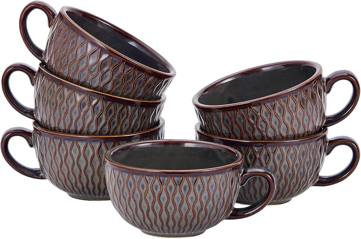 Set of 6 Cups Vintage Design 12 oz Professional Barista Ceramic Latte Art Cappuccino Cups Set (Embossed Grey * 6)