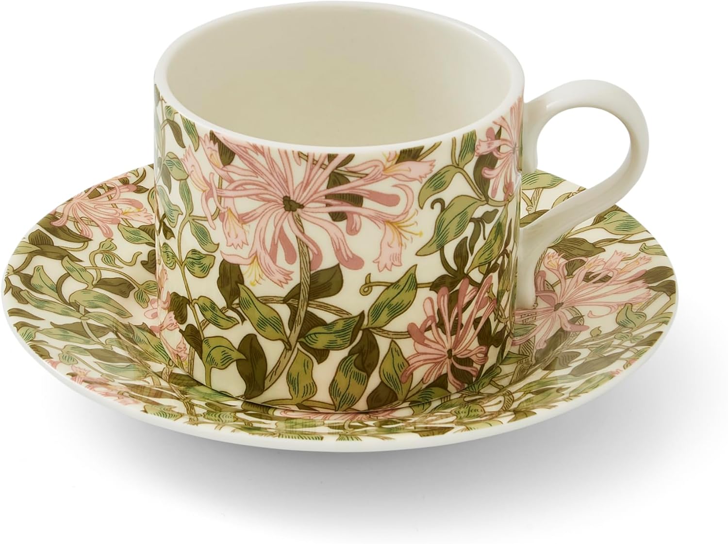 Spode Morris & Co 8.5oz Teacup & Saucer - Honeysuckle| Porcelain | Microwave & Dishwasher Safe | Novelty Cup for Coffee, Tea, Hot Choco - Elegant for Brunch, Parties, Breakfast
