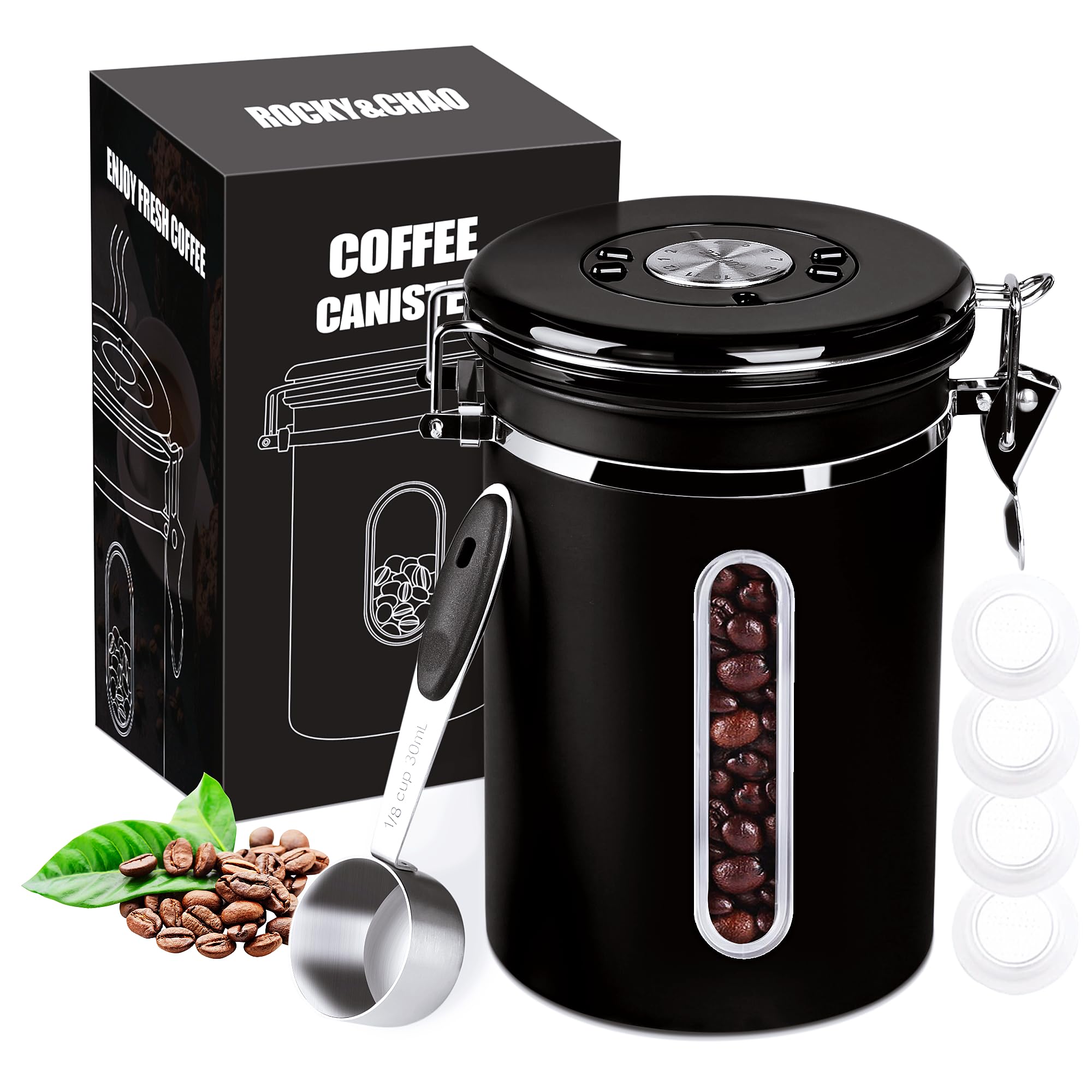 1800ML Coffee Canister with Window, Airtight Stainless Steel Kitchen Food Storage Container, Date Tracker and Scoop for Grounds Coffee Bar Accessories, Beans, Tea, Flour, Cereal, Sugar, 22OZ, Black