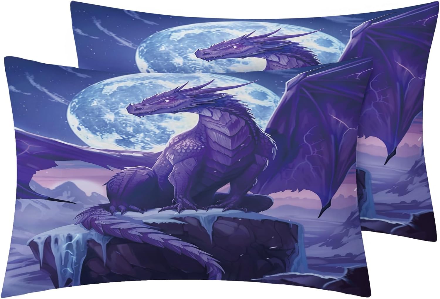 Purple Dragon Sheets Queen Sheet Set, Fantasy Bed Sheets, Mythical Dragon Bedding Bedroom Decor, Soft Microfiber Deep Pocket Fitted Sheet & Flat Sheet & 2 Pillowcases