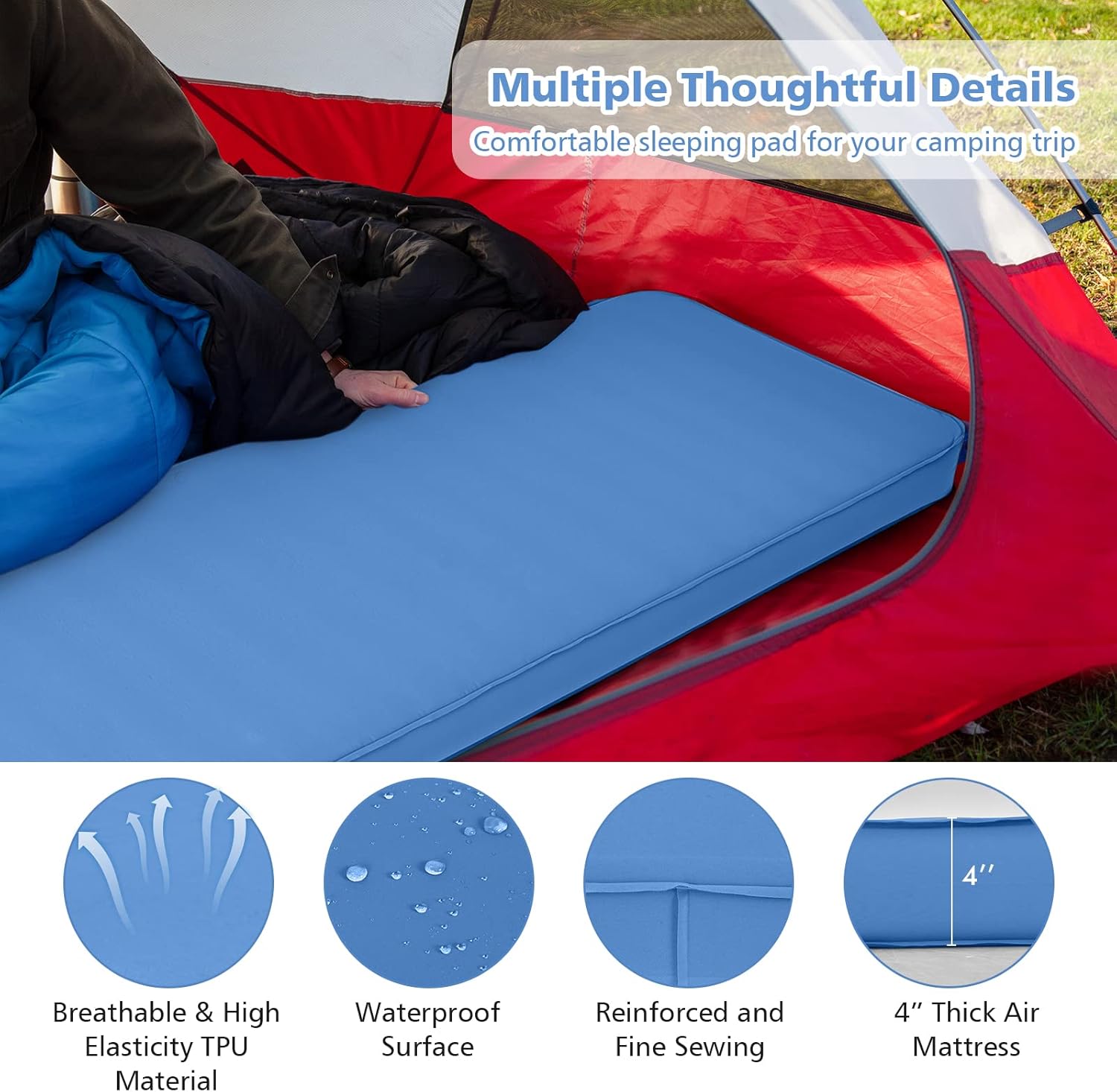 Giantex 4 Inch Self Inflating Camping Mat, Blue, Waterproof & Durable TPU Material, Portable & Lightweight Design