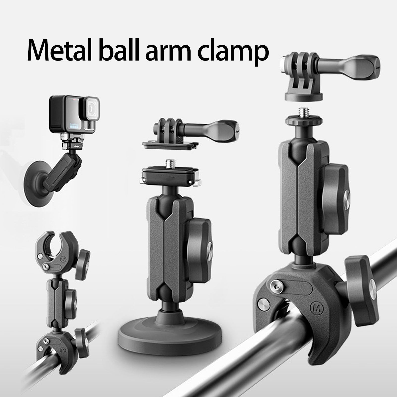 Robusto supporto a morsetto in metallo con base adesiva universale e testa a sfera regolabile a 360 gradi per action cam, base adesiva flessibile per il supporto della fotocamera