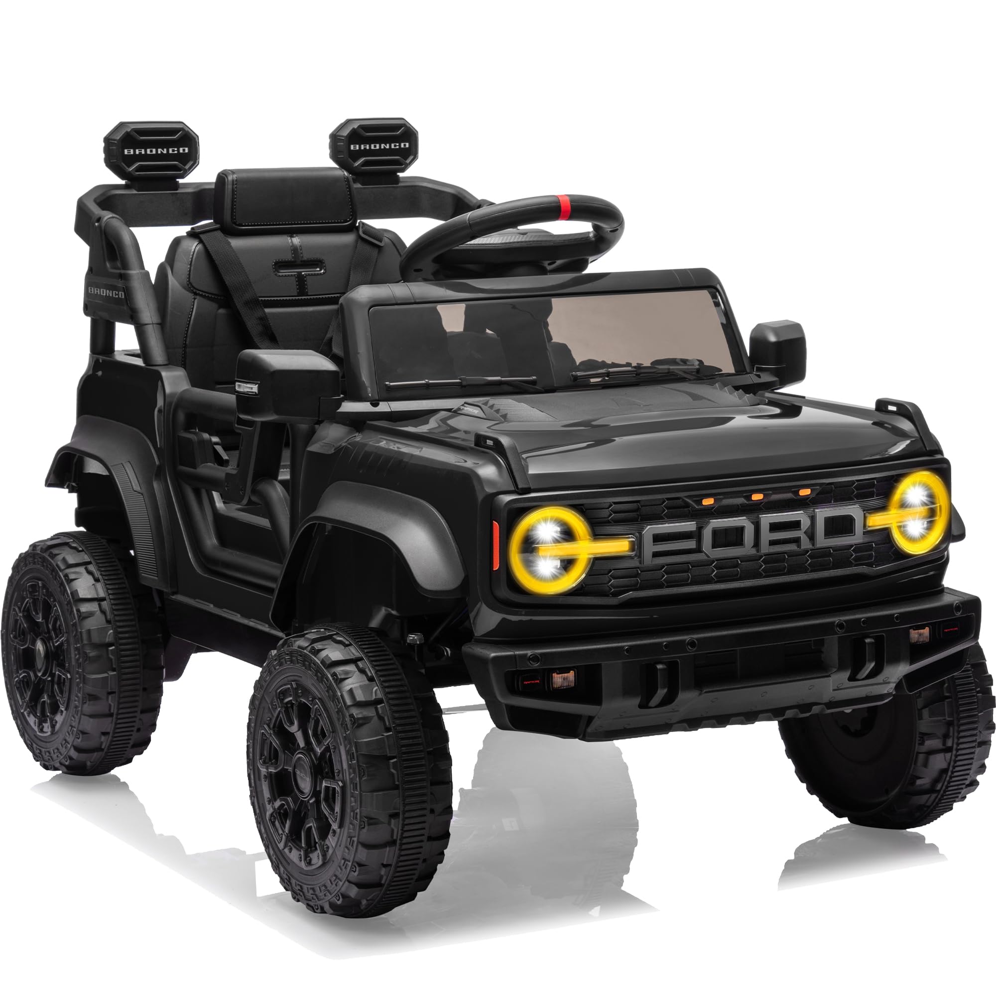 First Ride On 12V Ride on Toys for Kids, Licensed Ford Bronco Raptor Children Electric Vehicles, Toddler Battery Powered Car with Double Doors, 3 Point Safety Belt, Led Lights (12V, Black)
