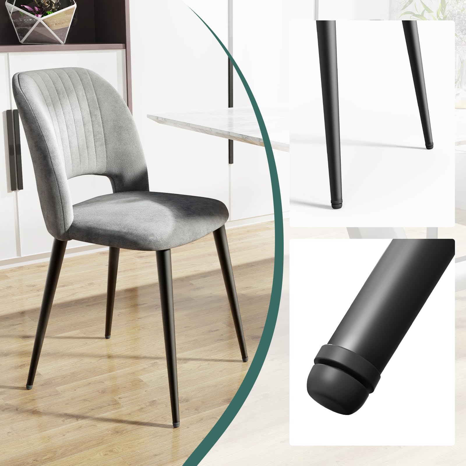 Juego de 4 Sillas de Comedor Tapizadas, Sillas de Cocina de Terciopelo | Sillas con Respaldo Patas de Metal, para Comedor, Salón, Restaurante, Recepción, Oficina, 48x45x85 cm, Gris