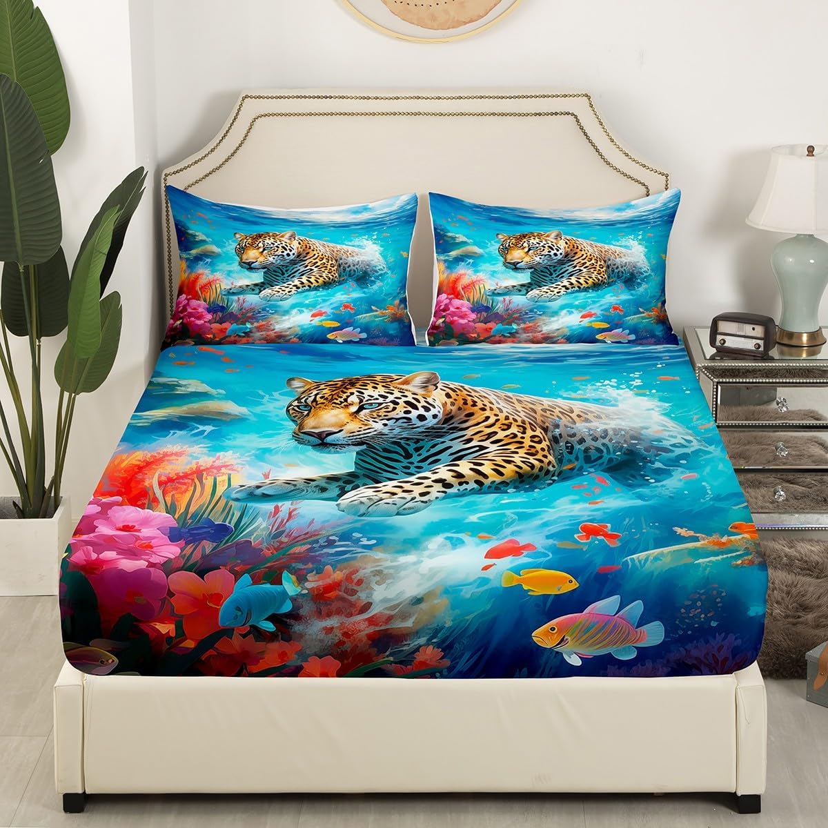 Erosebridal Leopard Cheetah Bed Sheets Sea Marine Themed Fitted Sheet Full Size, Jungle Woodland Animal Wildlife Bedding Chic Flower Floral Sheet, Tropical Beach Bed Cover (Deep Pocket)