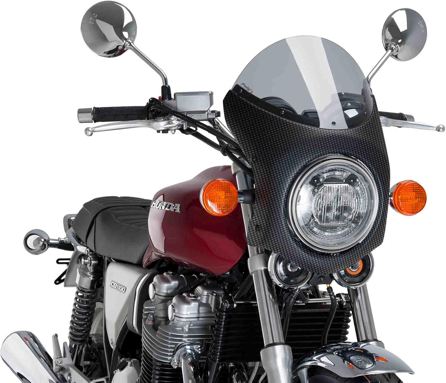 Puig Semicarenado Retro Fairing installed on a motorcycle, front view