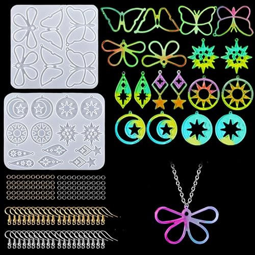 FineInno 2 moldes de resina para aretes para joyas con 140 accesorios para aretes, mariposa, luna, estrella, colgante, kit de joyería de silicona, disponible en Yaxa Costa Rica