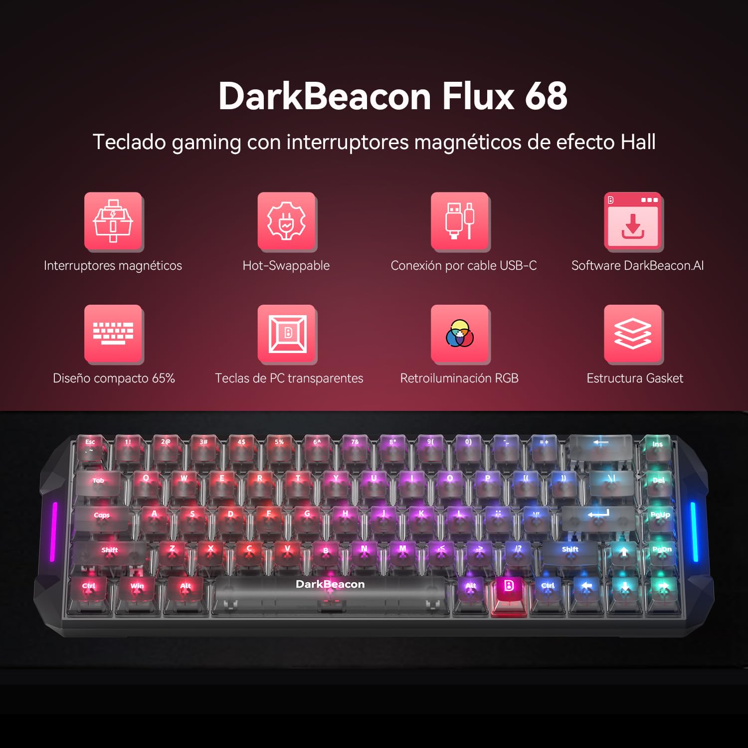DarkBeacon Flux68 HE 8000Hz Teclado Gaming, 0,01 mm Rapid Trigger, Software con IA, Interruptores Magnéticos, Activación Ajustable, SOCD/DKS, Hot-Swap, RGB Teclado Magnético 65% con Cable, para PC/Mac