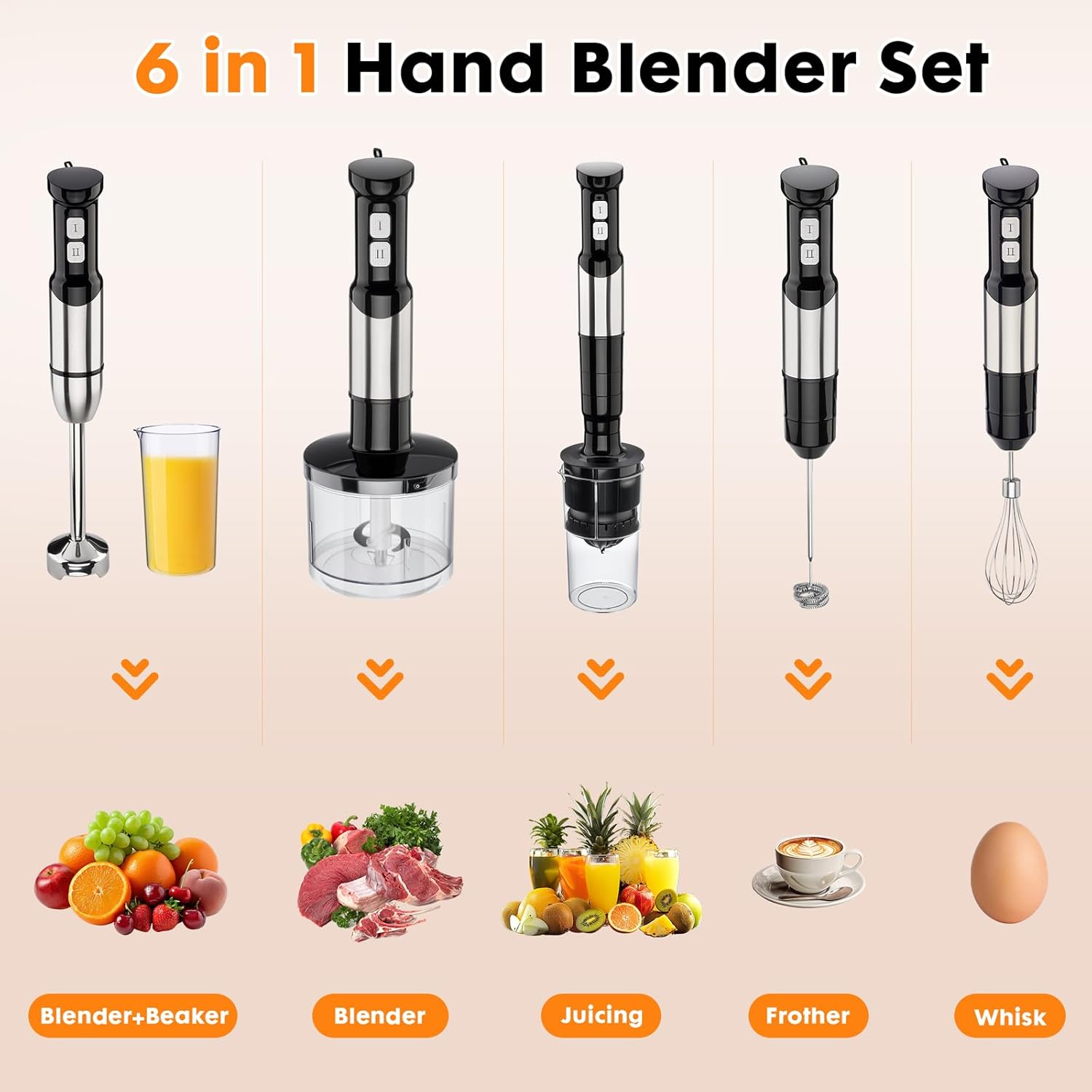 Immersion Blender 6 in 1 Hand Blender Max 1000W Heavy Duty Motor, 16 Speed & Turbo Mode Handheld Blenders Electric Sitck Blender with Beaker Chopper Milk Frother Frother Grinder