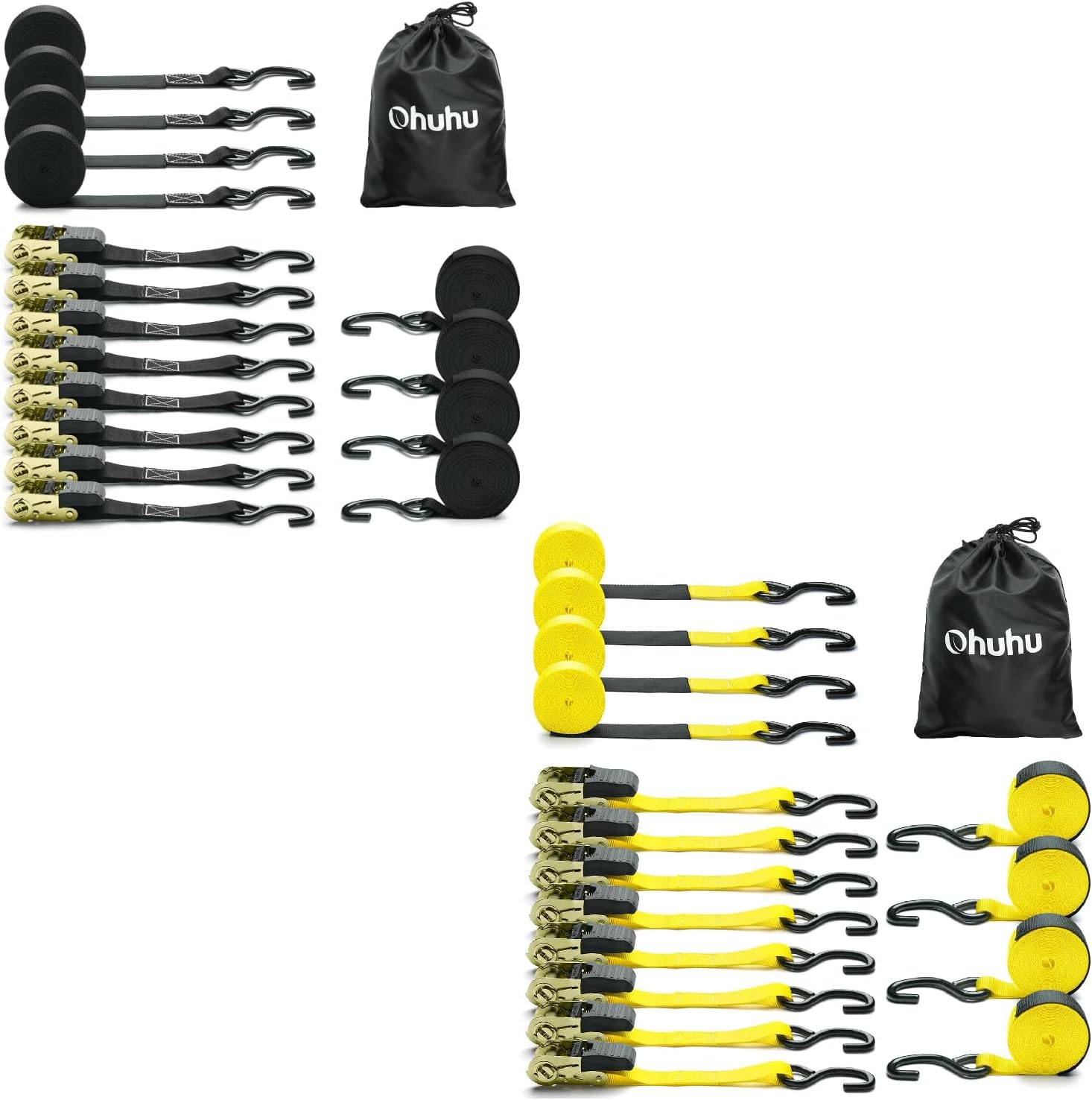 Ohuhu Ratchet Tie Down Straps 16-Pack (8-Pack Black + 8-Pack Yellow)