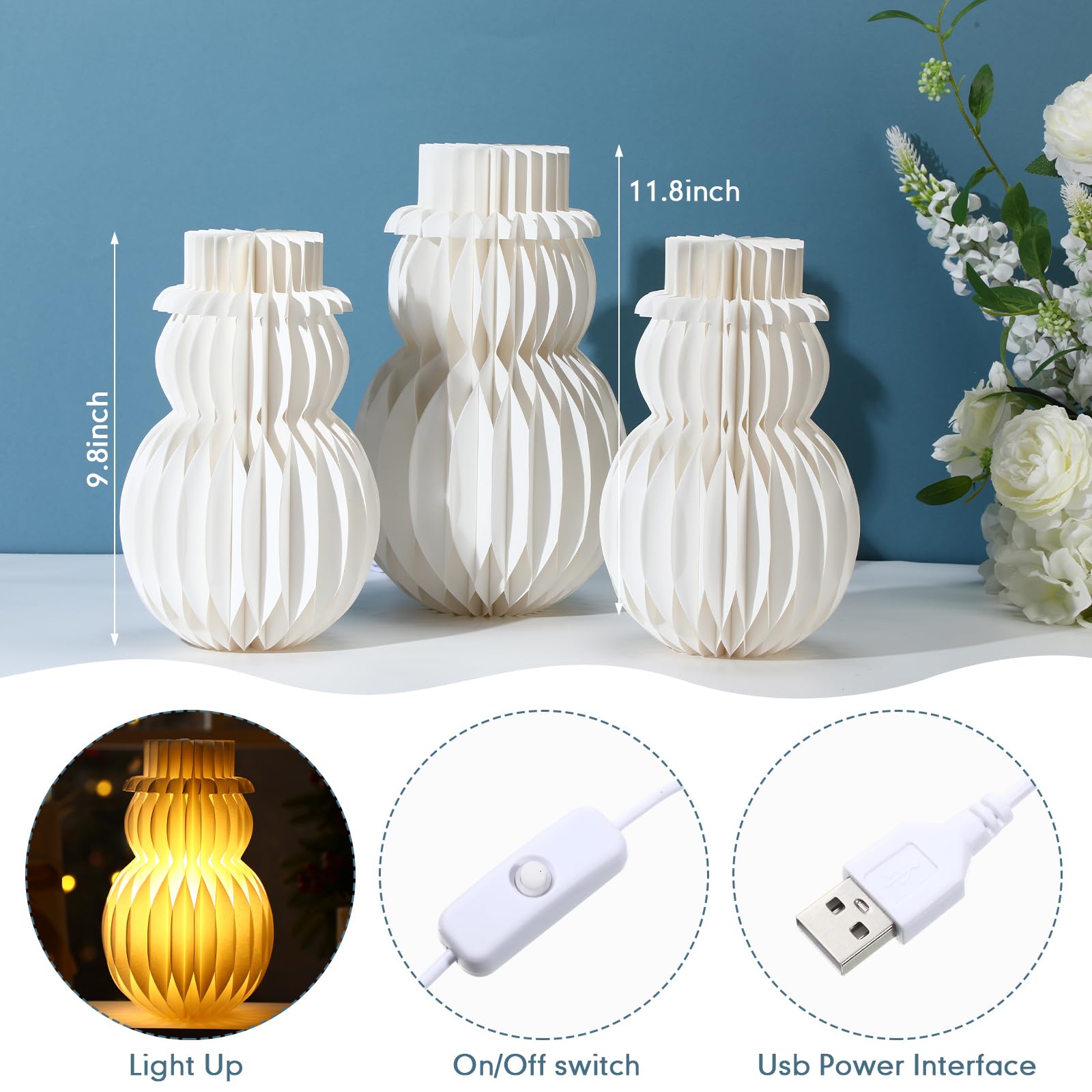 Glooglitter 3 Sets Large Paper Honeycomb Christmas Snowman Ornaments LED Lighted 3D Honeycomb Xmas Snowman Centerpiece with 3 Wooden Light Base Honeycomb Centerpieces for Holiday Ornaments