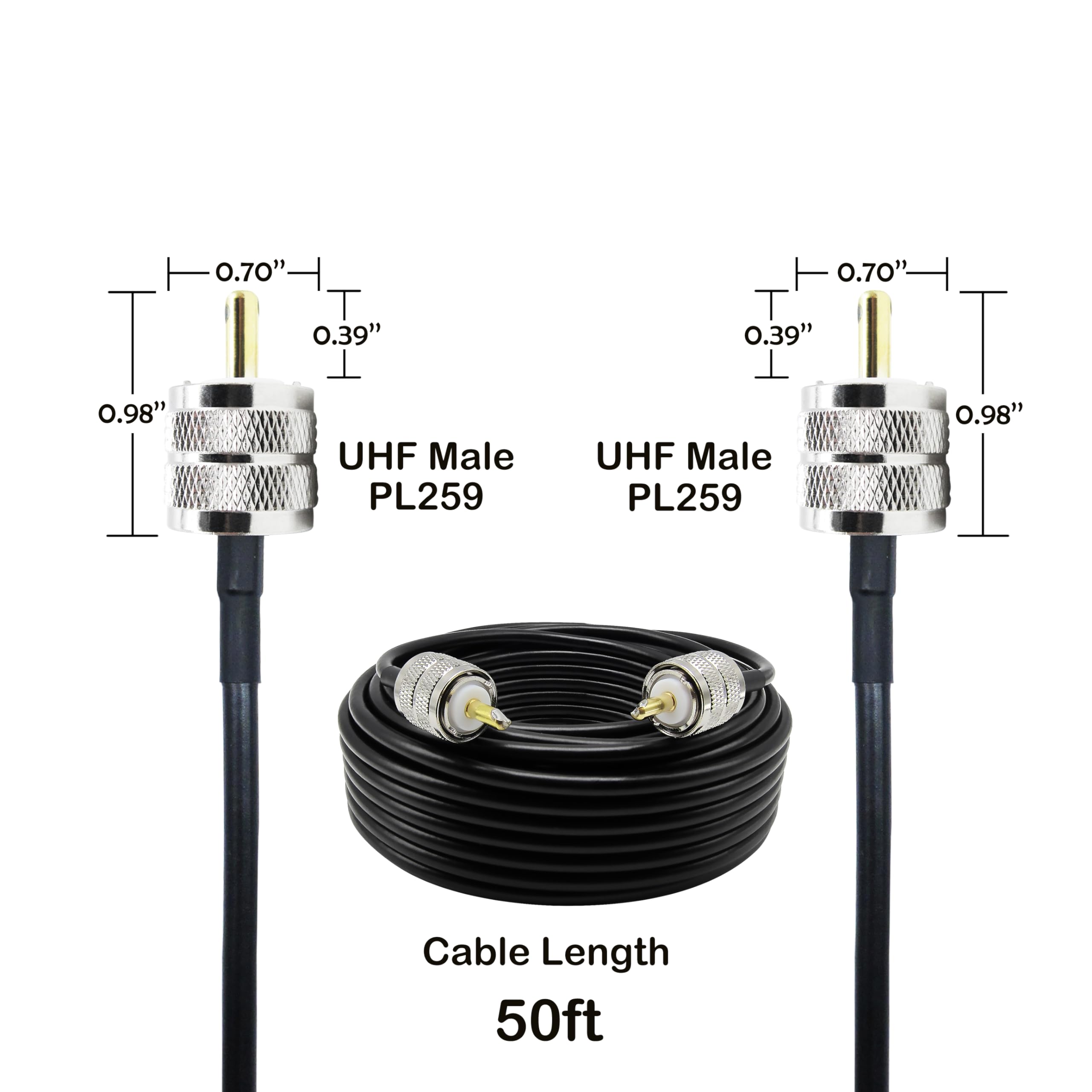 Cable coaxial RG58 de cobre macizo de 15,2 m, UHF macho PL-259 a UHF macho PL-259 de 15,2 m de baja pérdida, 50 ohmios, cable coaxial para radio CB, radio Ham Radio, medidor SWR, escáner