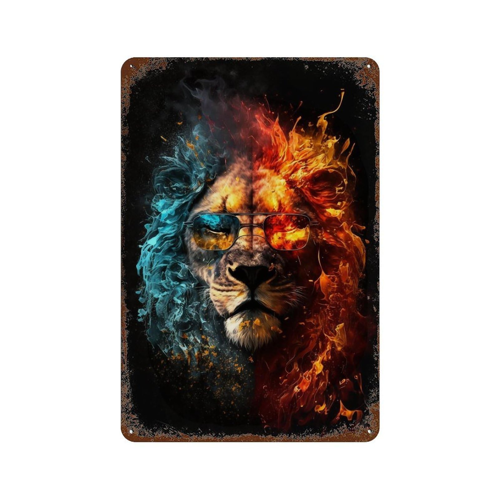 Fire & Ice Lion Sunglasses Vintage Rust Metal Sign 11.8"x7.9", Ideal for Cafe, Home Bar And Lounge Decor