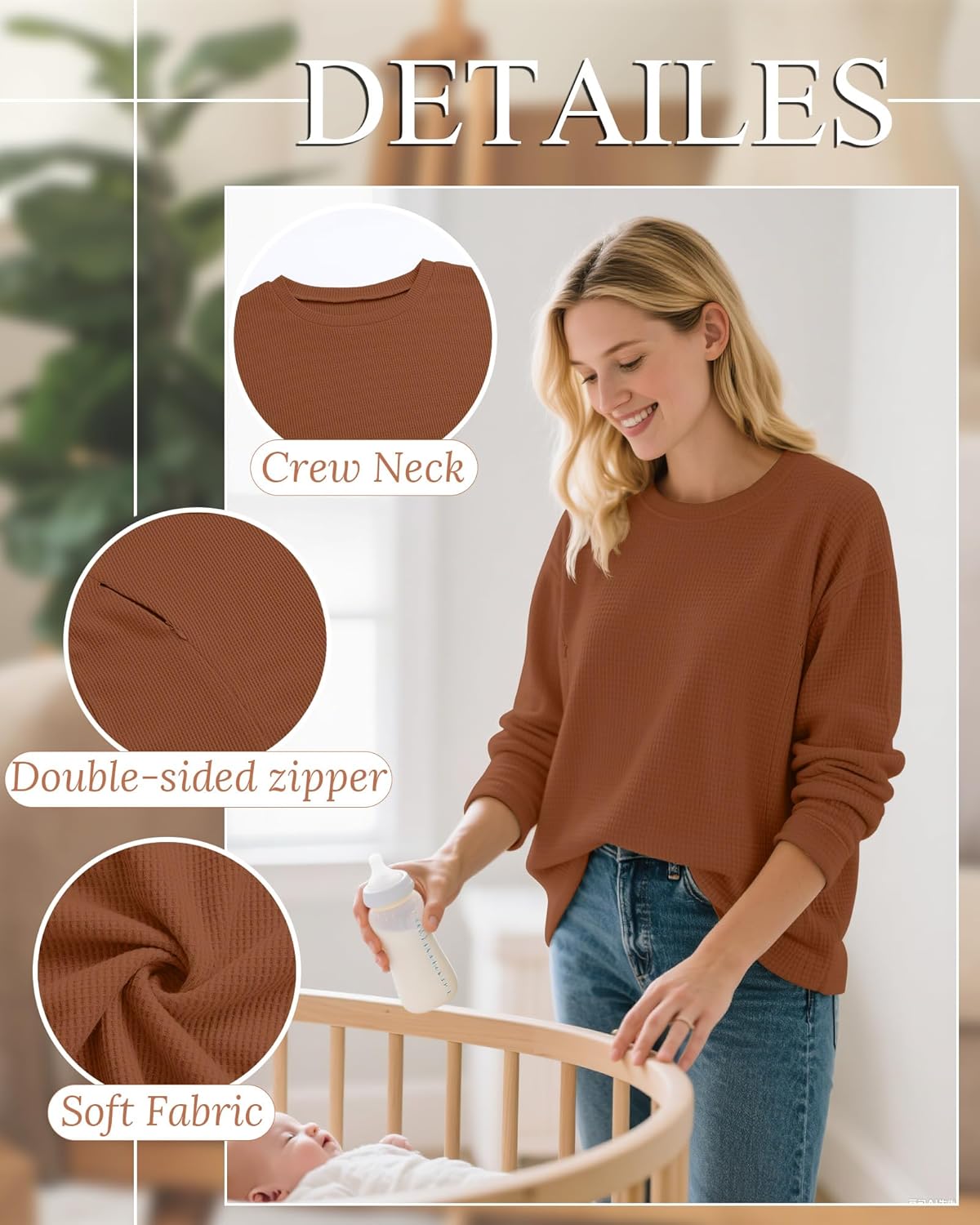 Oakgarden 3 Pack Women's Oversized Nursing Tops, Waffle Knit Breastfeeding Zipper Sweatshirt Long Sleeve Maternity Shirts(Dark Brown, White, Black,Medium)