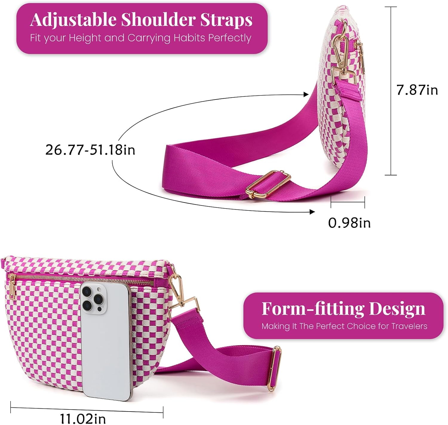 Woven Crossbody Bags For Women, Checkered Fashion PU Bum Bag Waist Pack, Travel Sling Purse with Adjustable Strap(Rose) - Image 7