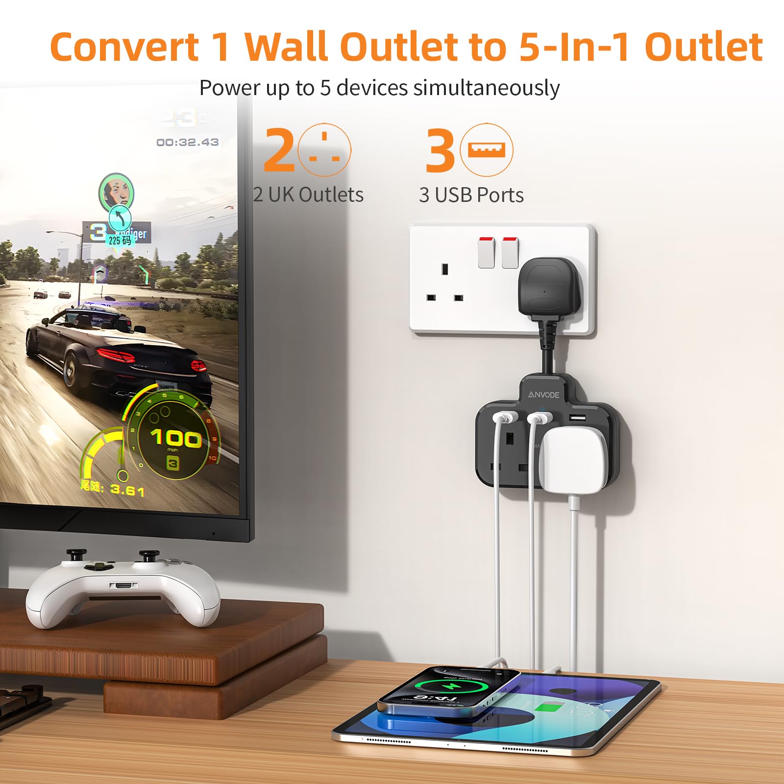 Double Plug Adaptor with USB, 2 Way Wall Adapter with Short Extension Lead, Multi Plug Socket Extender For Home Office (Black) - Image 2