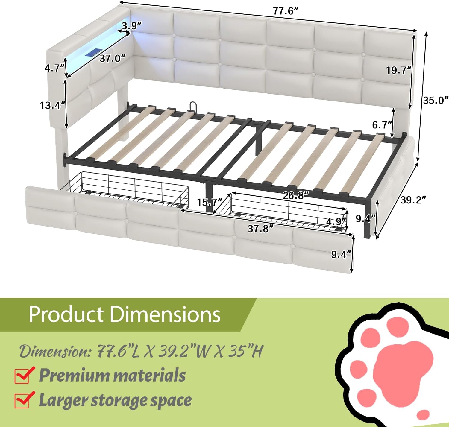 Twin Corner Bed Frame with Storage & LED Lights, Upholstered Twin Daybed with Drawers, Charging Station, Wood Corner Bed Frame for Bedroom,Living Room, Beige