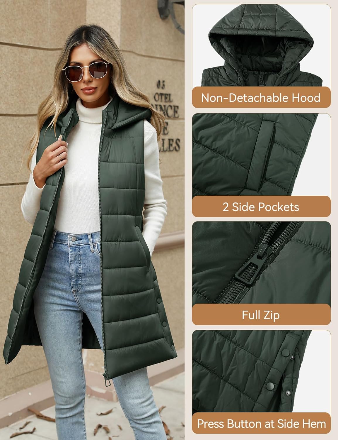 HEEKPEK Puffer Vest Women Long Hooded Sleeveless Zip Up Quilted Vests Outerwear Lightweight Puffy Jacket Fall Winter Coat - Image 2