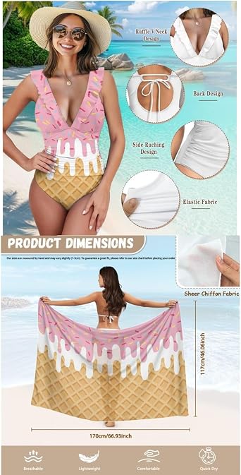 Womens One Piece Bathing Suits with Sarong Coverups Sheer Bikini Cover up Lace Up Swimsuits High Waist Swimwear